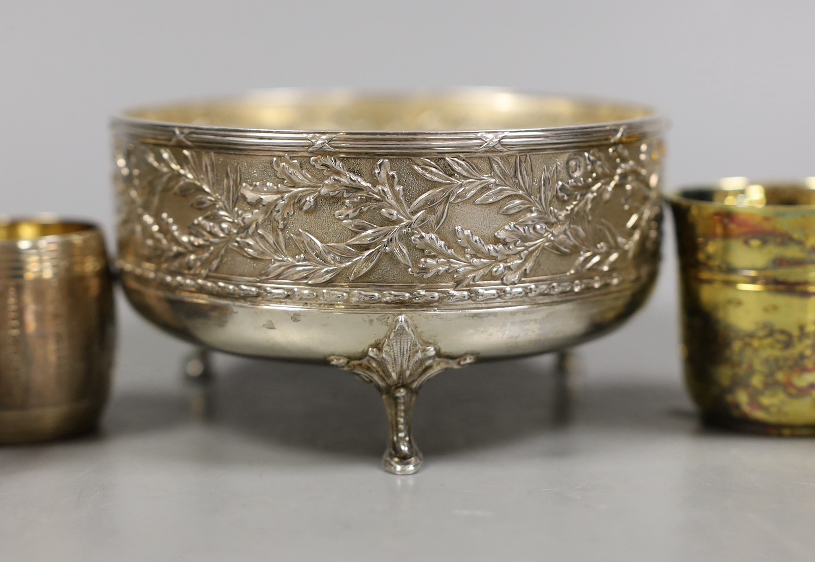 Eight assorted French white metal items including pair of gilded beakers on stands, by Puiforcat, Paris, a bowl by Armand Gross and three barrel shaped cups, by Fizaine, 12.9oz.